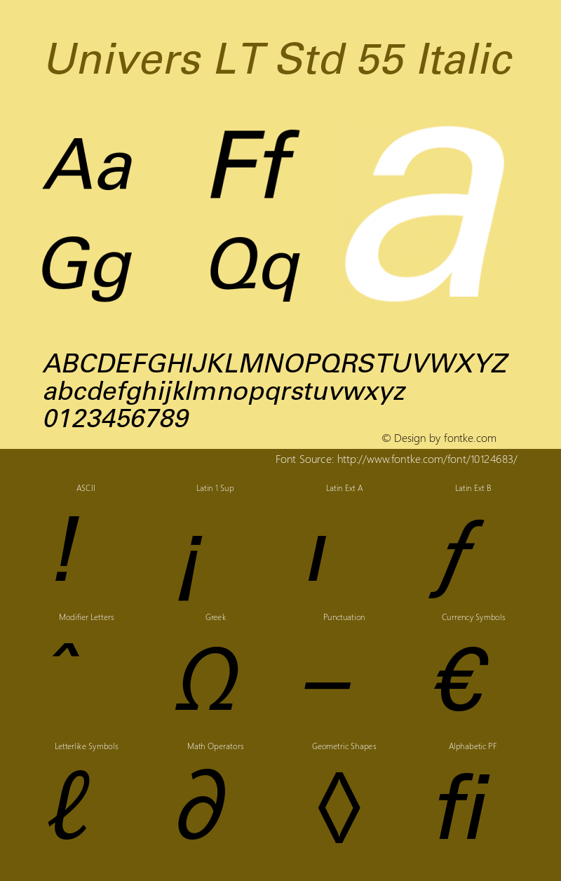 Univers LT Std 55 Italic OTF 1.029;PS 001.004;Core 1.0.33;makeotf.lib1.4.1585 Font Sample