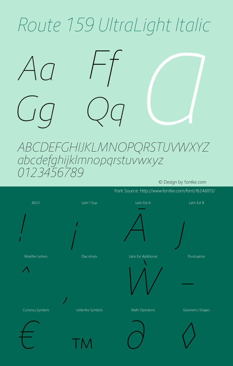 Route 159 UltraLight Italic Version 1.100 Font Sample