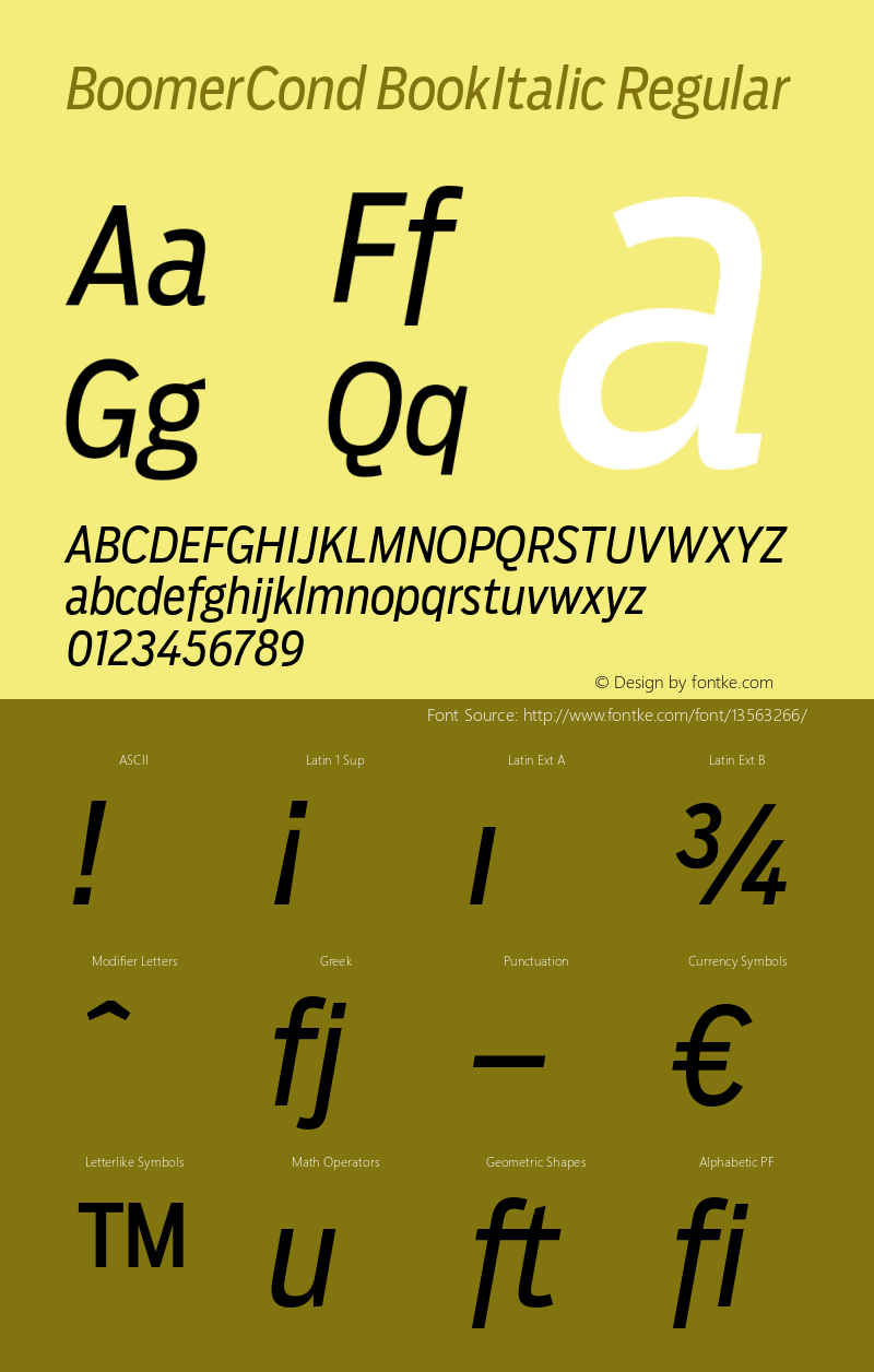 BoomerCond BookItalic Regular Version 1.0 Font Sample