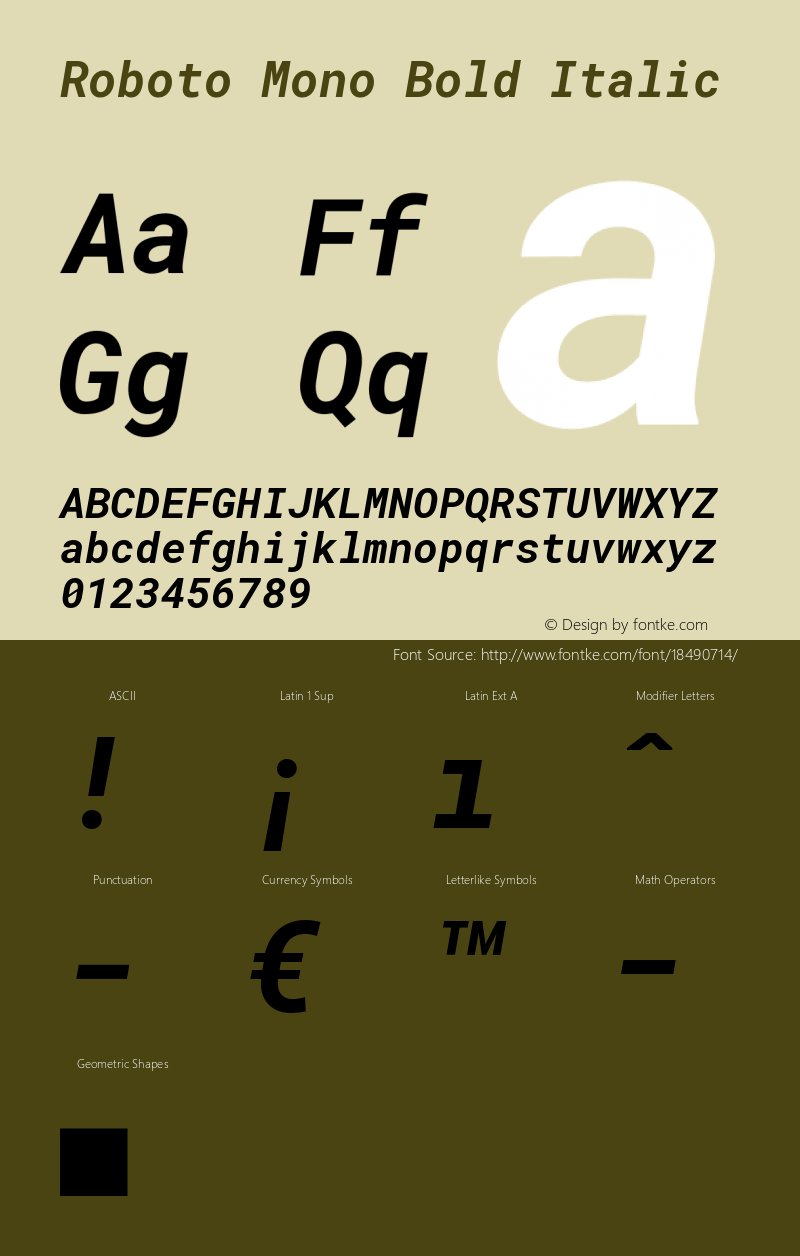 Roboto Mono Bold Italic Version 2.000985; 2015; ttfautohint (v1.3) Font Sample