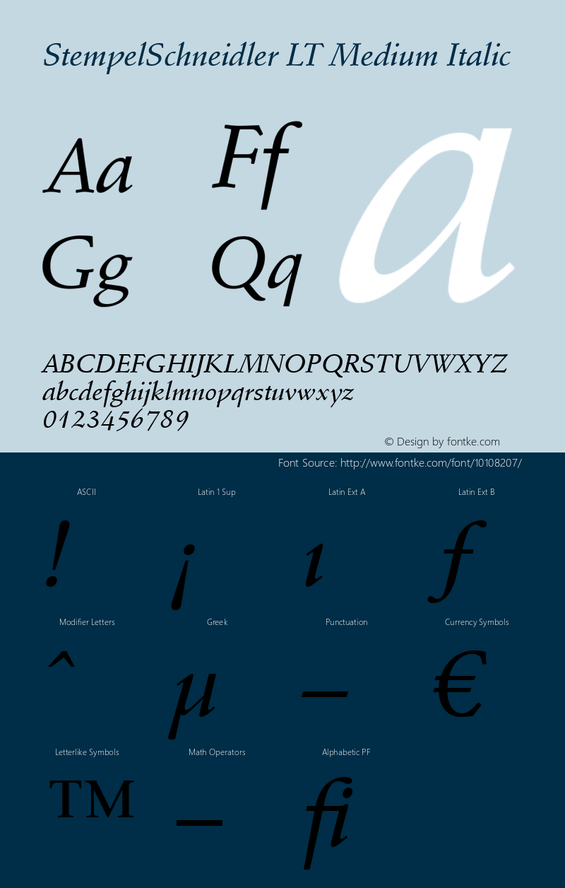 StempelSchneidler LT Medium Italic Version 6.1; 2002 Font Sample