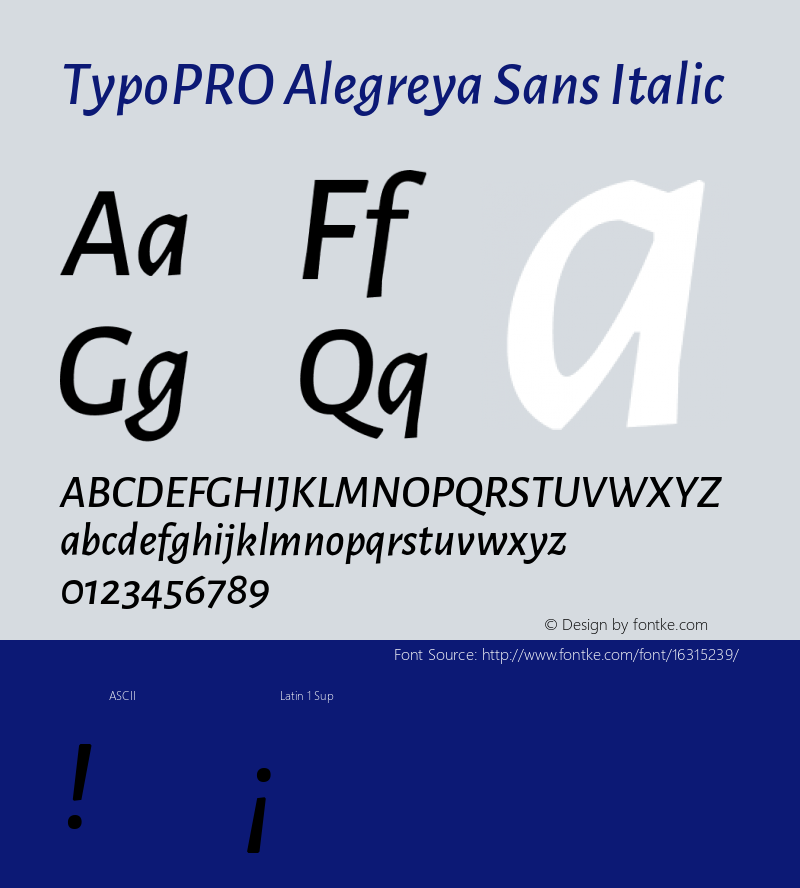 TypoPRO Alegreya Sans Italic Version 1.000;PS 001.000;hotconv 1.0.70;makeotf.lib2.5.58329 DEVELOPMENT Font Sample