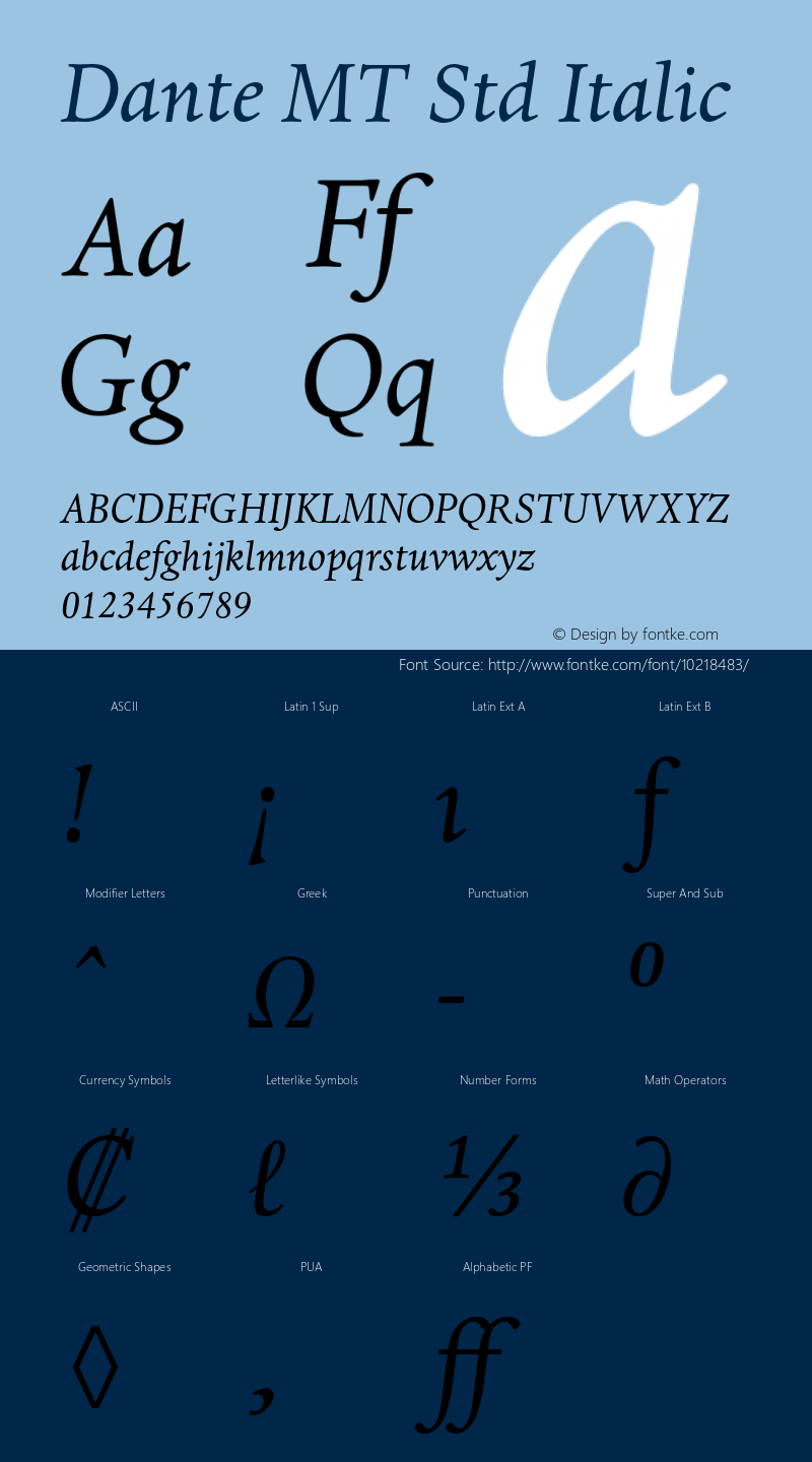 Dante MT Std Italic Version 2.040;PS 002.000;hotconv 1.0.51;makeotf.lib2.0.18671 Font Sample