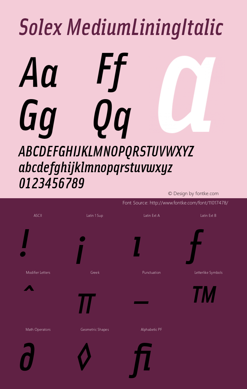 Solex MediumLiningItalic Version 001.000 Font Sample