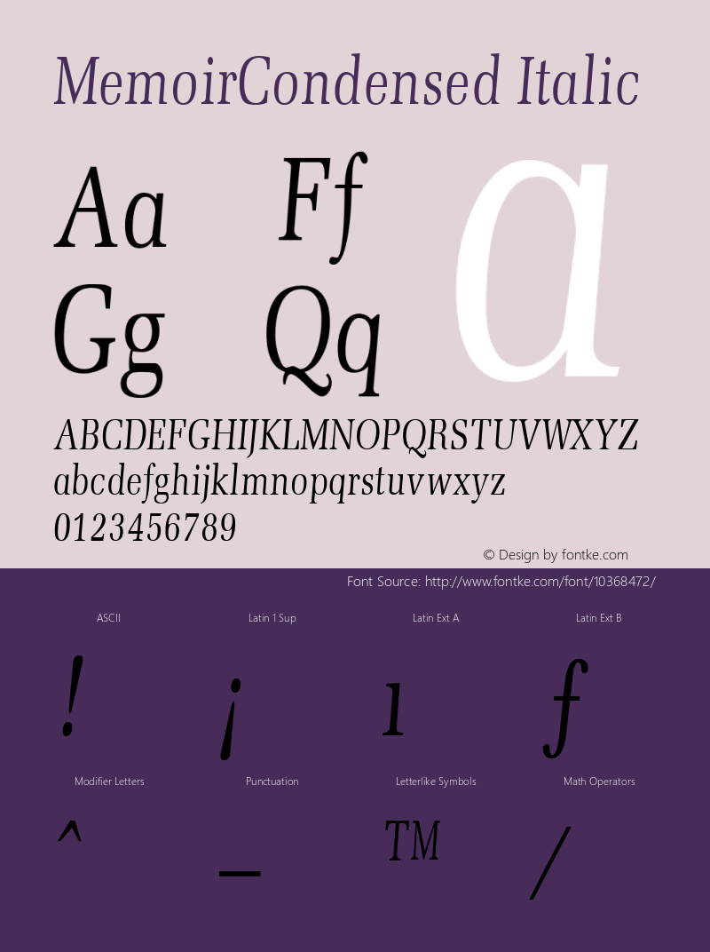 MemoirCondensed Italic The IMSI MasterFonts Collection, tm 1995 IMSI Font Sample