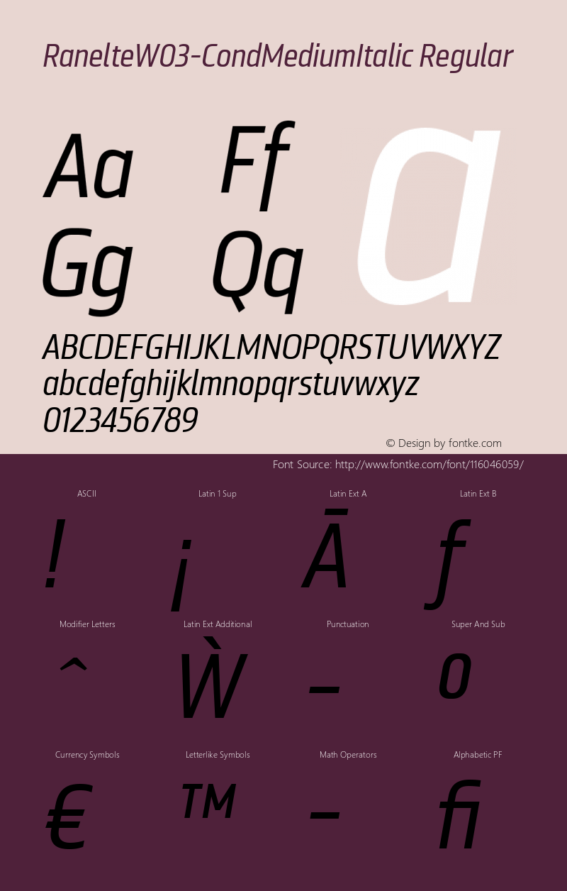Ranelte W03 Cond Medium Italic Version 1.00 Font Sample