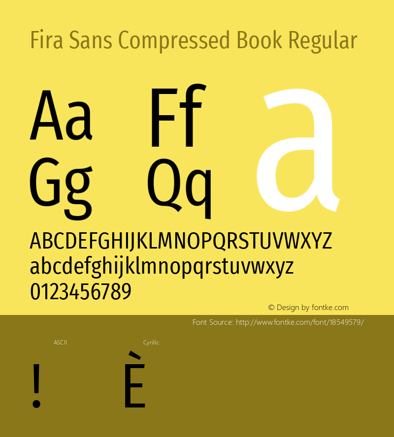 Fira Sans Compressed Book Regular Version 4.203;PS 004.203;hotconv 1.0.88;makeotf.lib2.5.64775; ttfautohint (v1.4.1) Font Sample