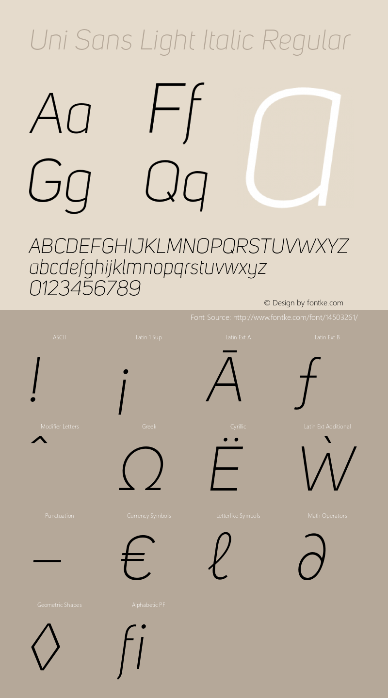 Uni Sans Light Italic Regular Version 001.029 Font Sample