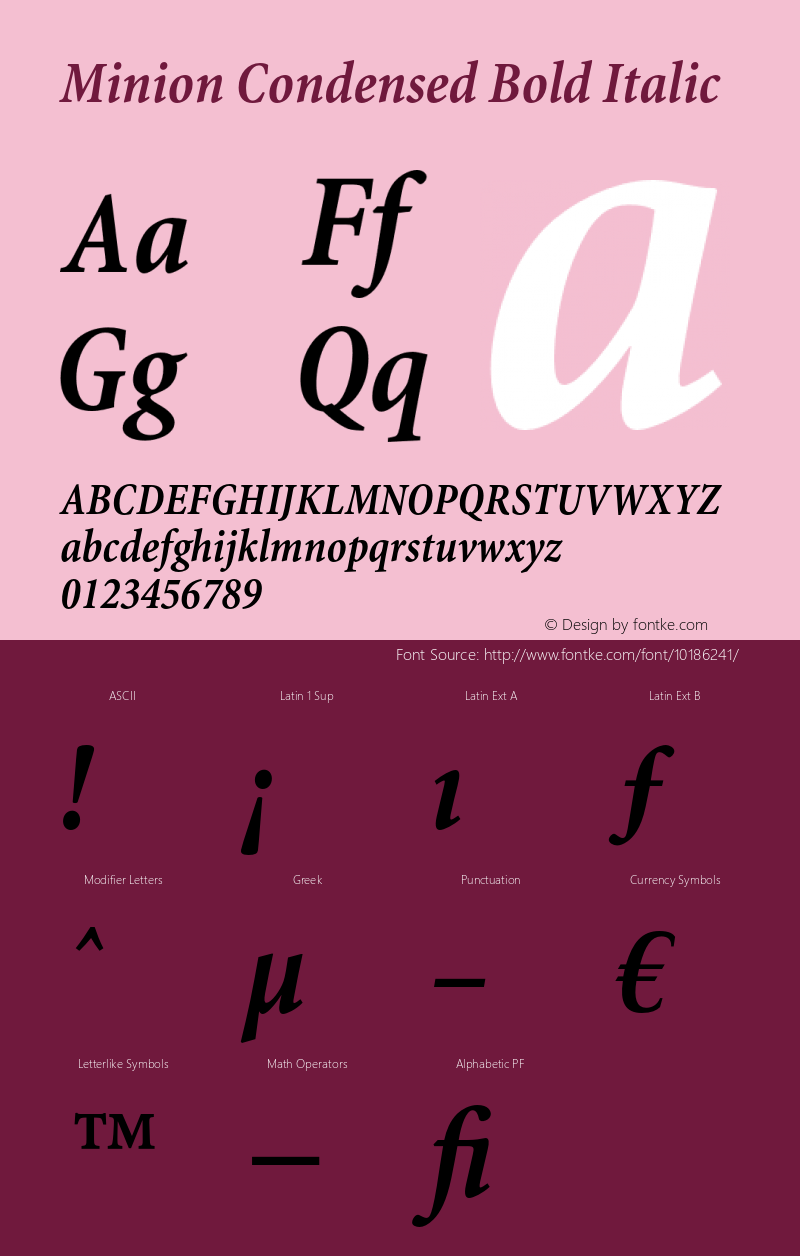 Minion Condensed Bold Italic OTF 1.0;PS 001.000;Core 1.0.22 Font Sample