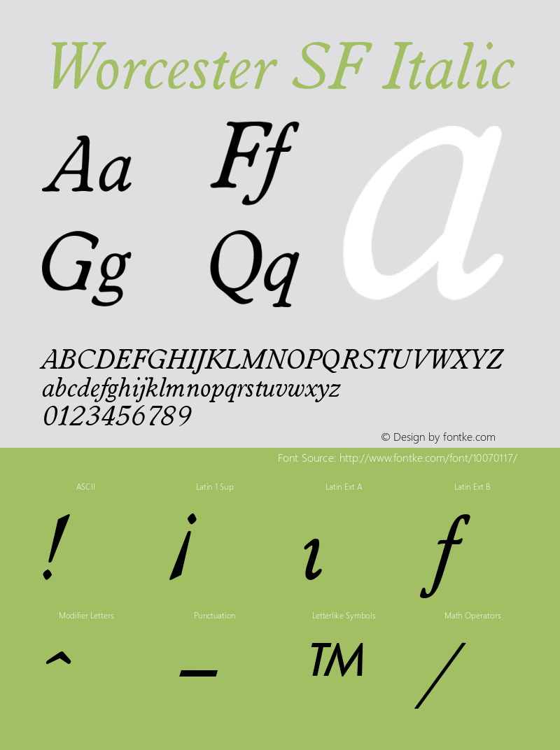 Worcester SF Italic Altsys Fontographer 3.5  31.01.1994 Font Sample