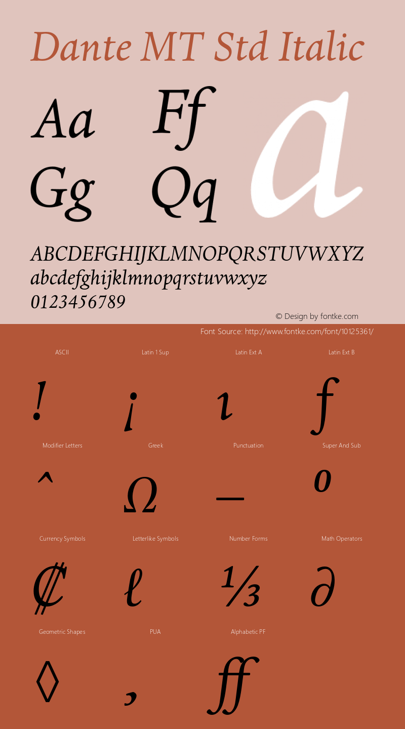 Dante MT Std Italic Version 1.047;PS 001.004;Core 1.0.38;makeotf.lib1.6.5960 Font Sample