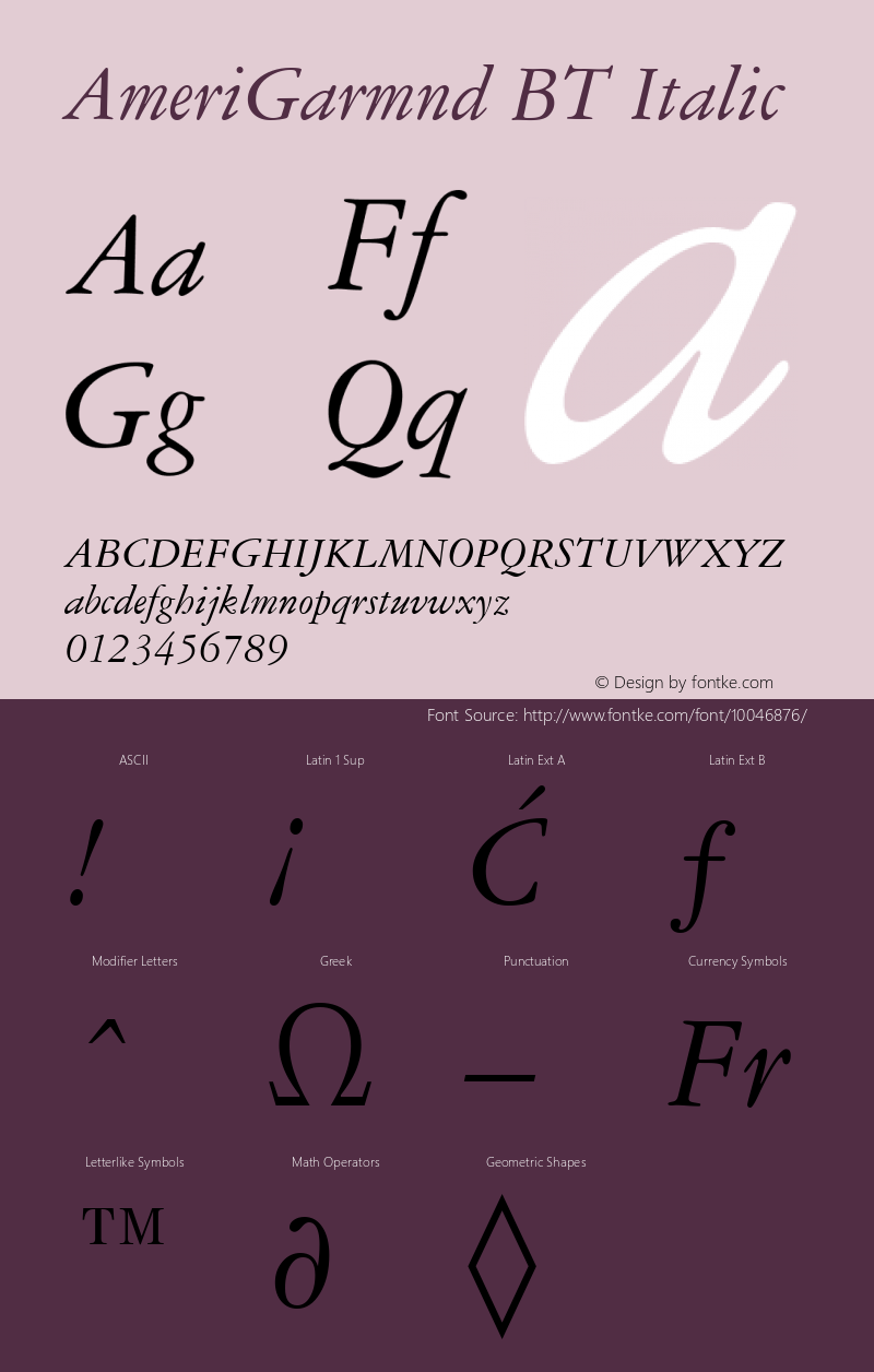 AmeriGarmnd BT Italic mfgpctt-v1.53 Friday, January 29, 1993 1:17:07 pm (EST) Font Sample