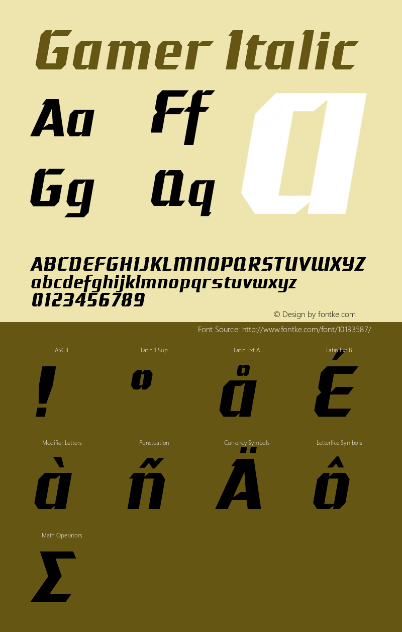 Gamer Italic 1.000 2004 Font Sample