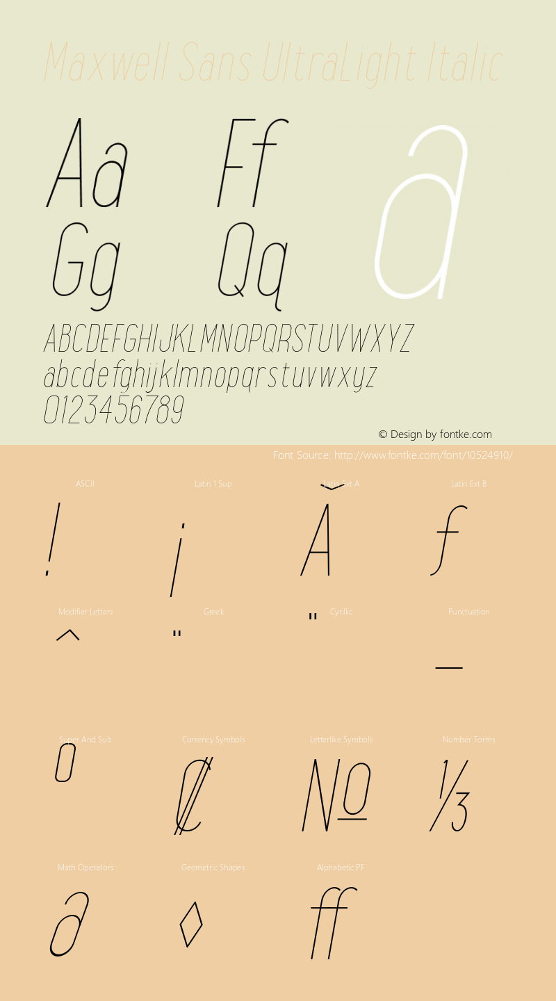 Maxwell Sans UltraLight Italic Version 1.000 Font Sample