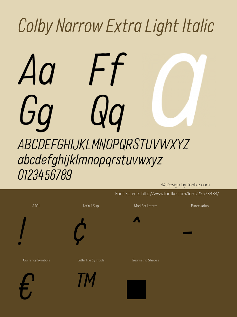 ColbyNarrow-ExtraLightItalic Version 1.000;PS 001.000;hotconv 1.0.88;makeotf.lib2.5.64775 Font Sample