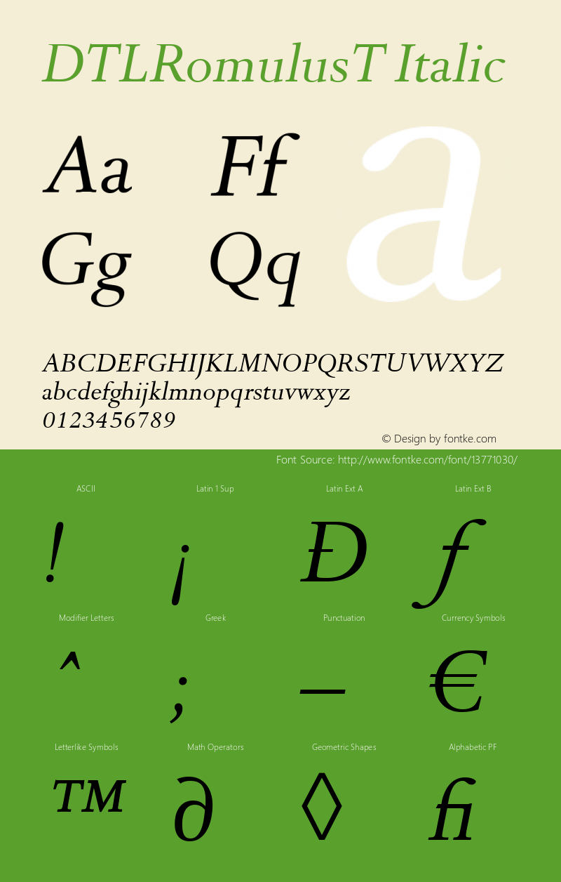 DTLRomulusT Italic Version 001.001 Font Sample