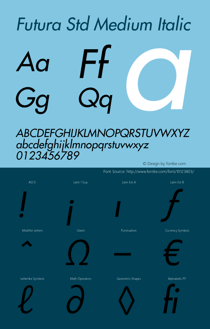 Futura Std Medium Italic OTF 1.029;PS 001.002;Core 1.0.33;makeotf.lib1.4.1585 Font Sample