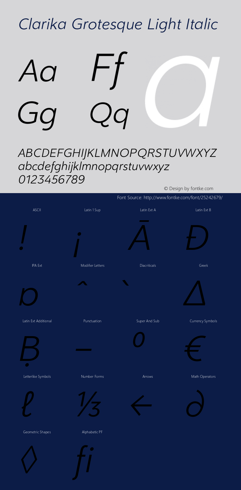 Clarika Grotesque Light Italic Version 1.000;PS 001.000;hotconv 1.0.88;makeotf.lib2.5.64775 Font Sample