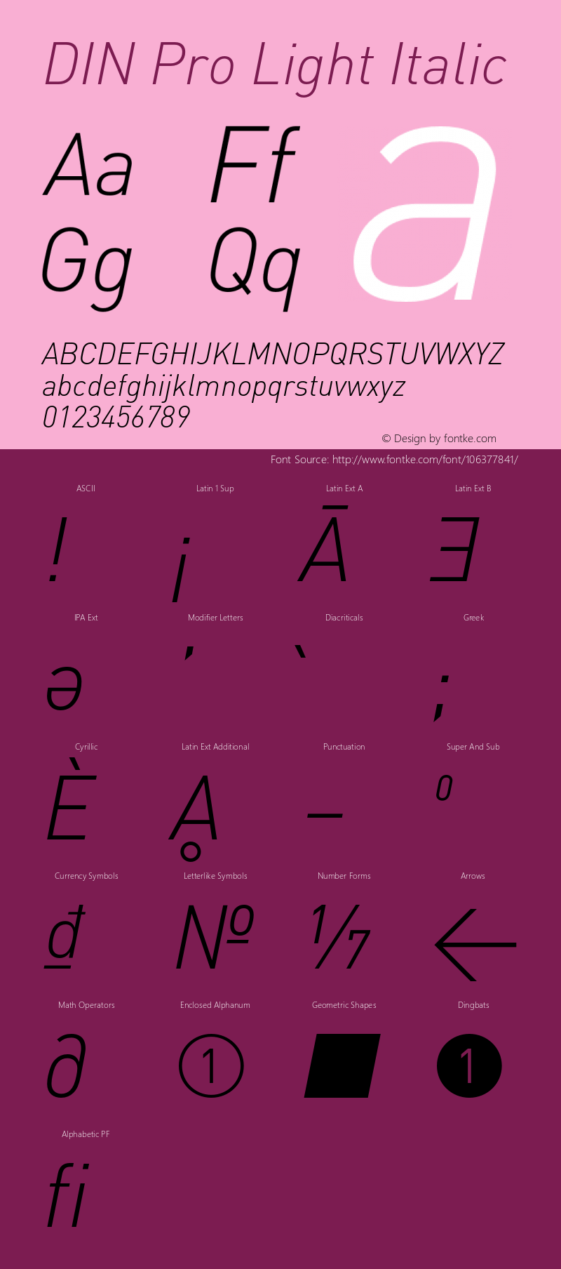 DIN Pro Light Italic Version 7.601, build 1030, FoPs, FL 5.04 Font Sample