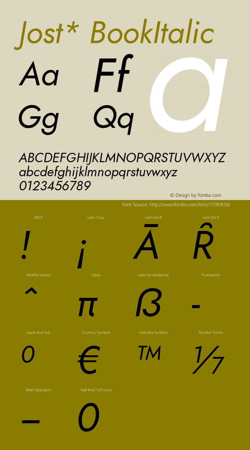 Jost* BookItalic Version 3.200; ttfautohint (v0.97) -l 8 -r 50 -G 200 -x 14 -f dflt -w G Font Sample