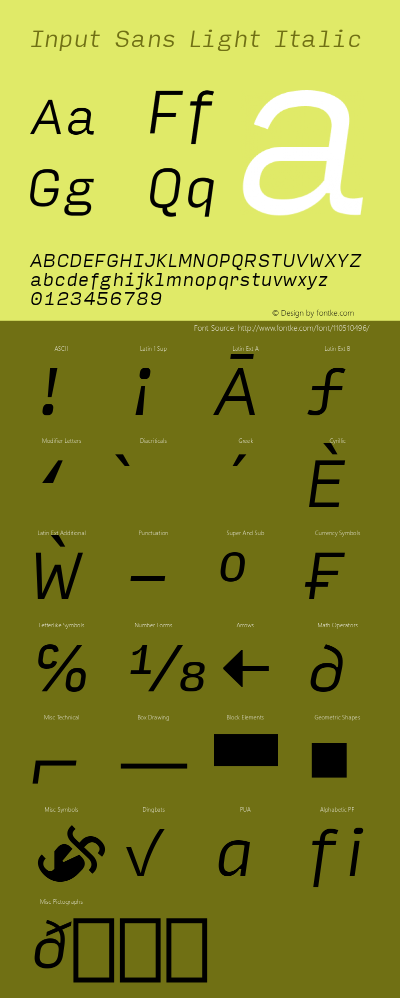 InputSans LightIta Version 0.000;PS 0.0;hotconv 1.0.72;makeotf.lib2.5.5900 Font Sample