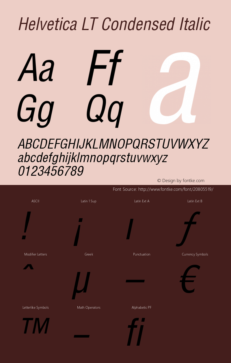 Helvetica LT Condensed Oblique Version 6.02 Font Sample
