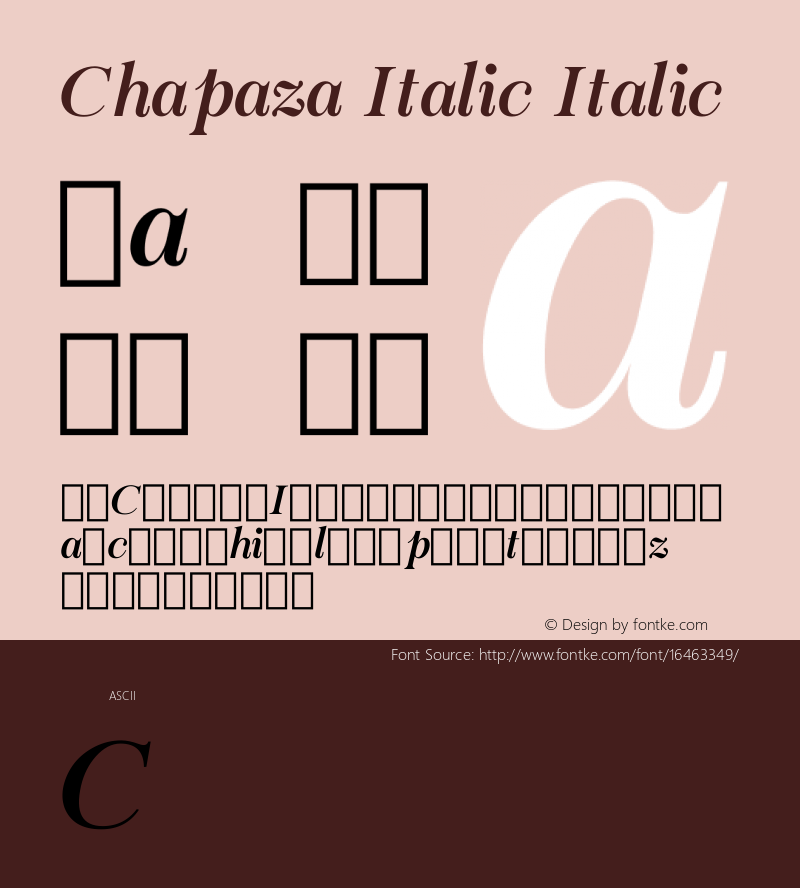 Chapaza Italic Italic Version 1.000; ttfautohint (v0.97) -l 8 -r 100 -G 200 -x 6 -f dflt -w G -c Font Sample