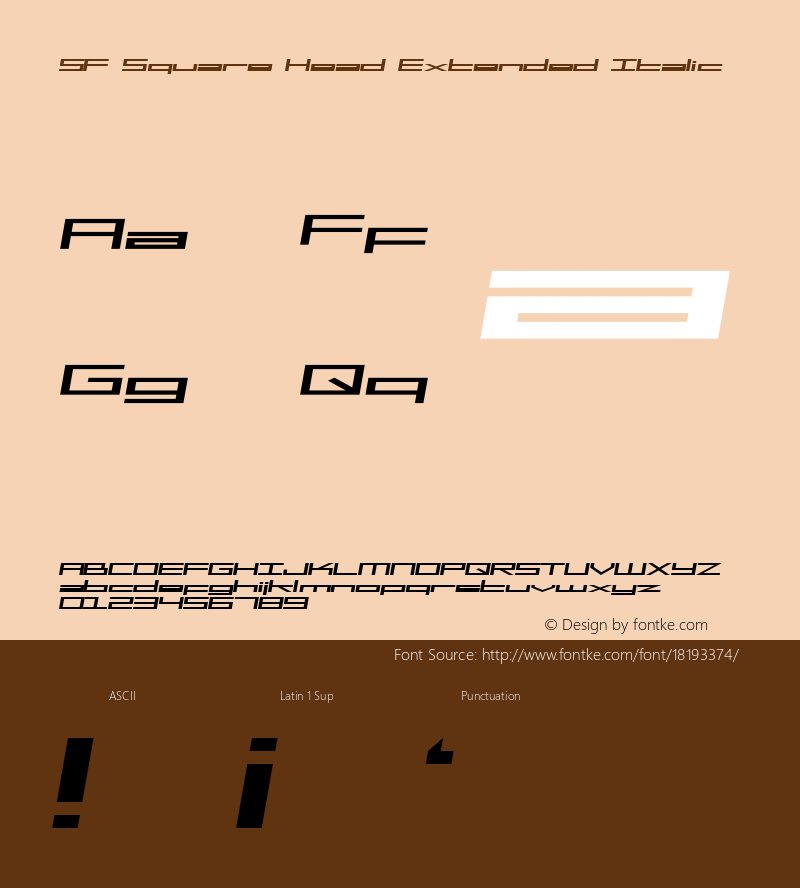 SF Square Head Extended Italic ver 1.0; 1999. Freeware for non-commercial use. Font Sample