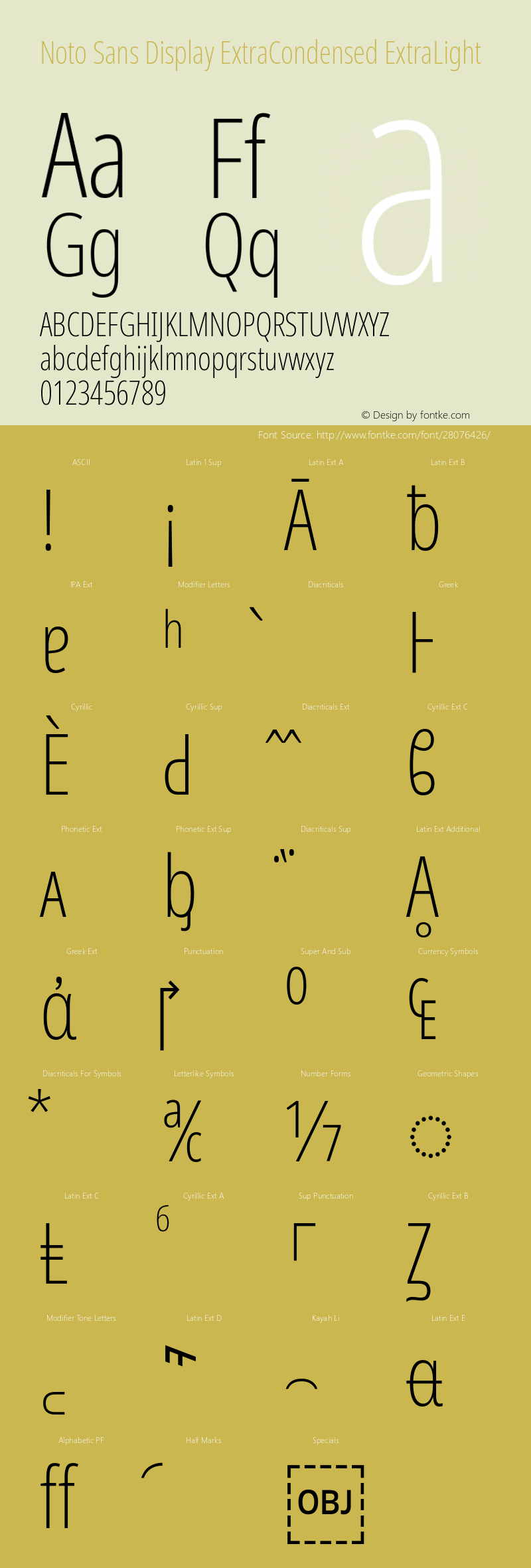 Noto Sans Display ExtraCondensed ExtraLight Version 2.001; ttfautohint (v1.8.2) Font Sample