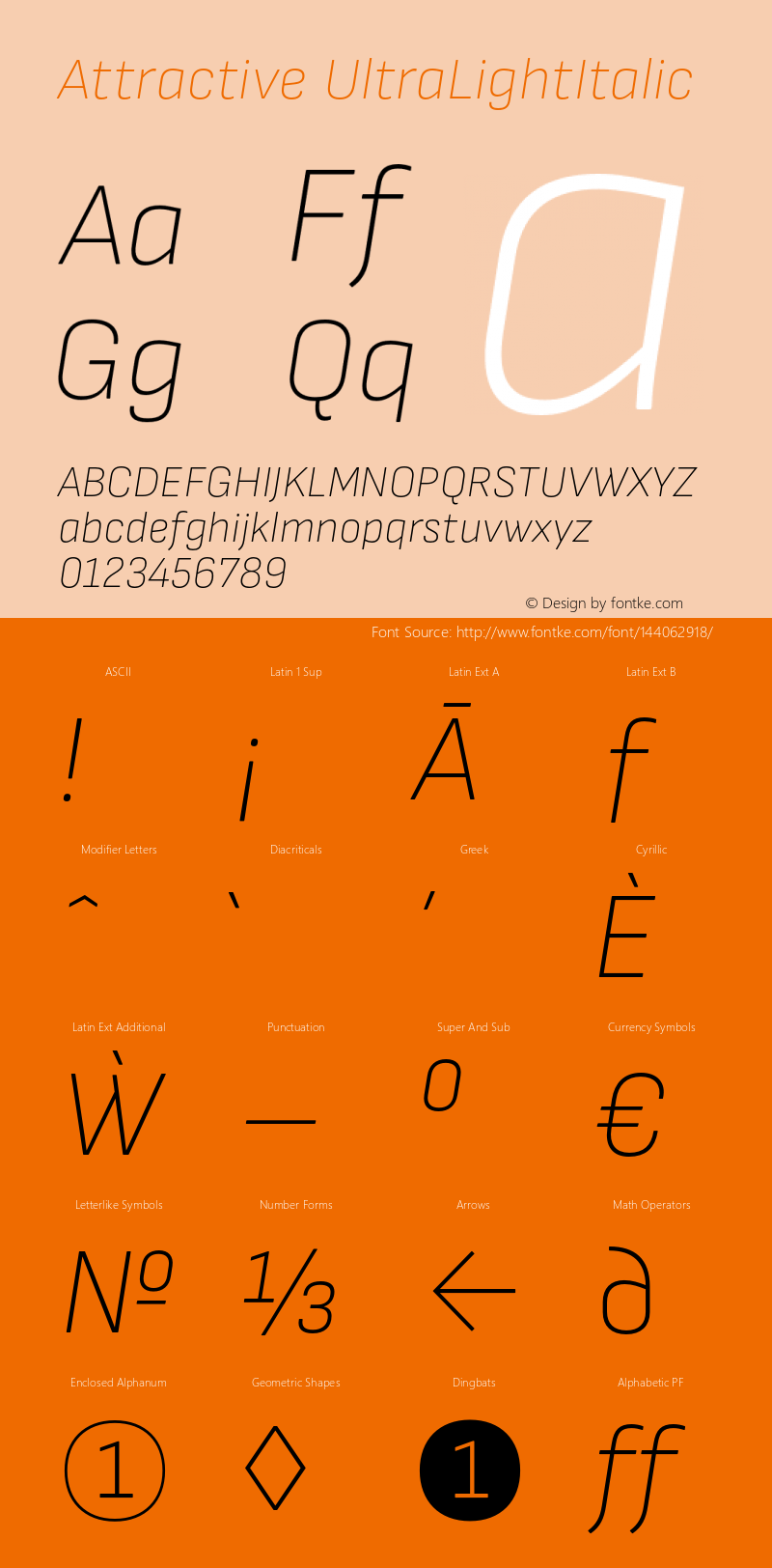 Attractive UltraLightItalic Version 3.001;PS 003.001;hotconv 1.0.88;makeotf.lib2.5.64775 Font Sample