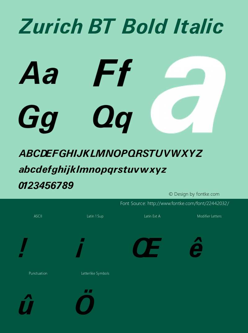 Zurich BT Bold Italic V1.00 Font Sample