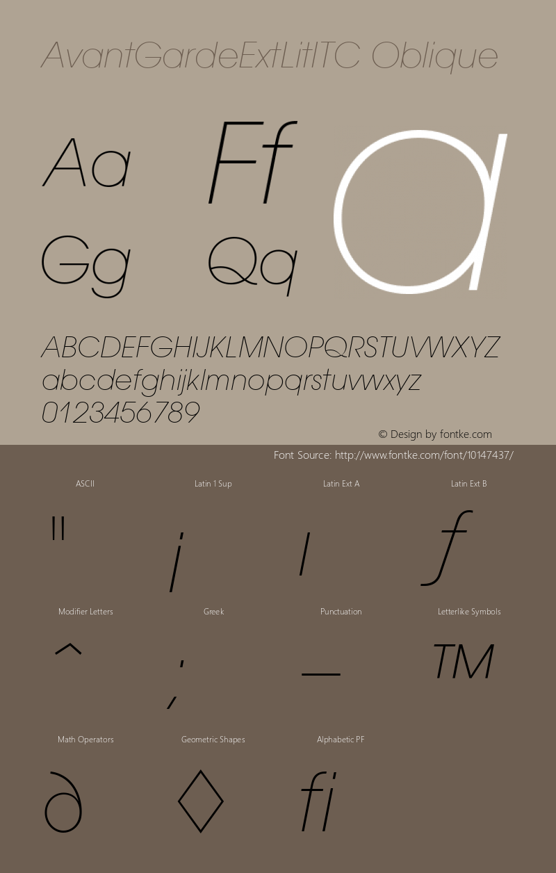 AvantGardeExtLitITC Oblique Version 001.000 Font Sample