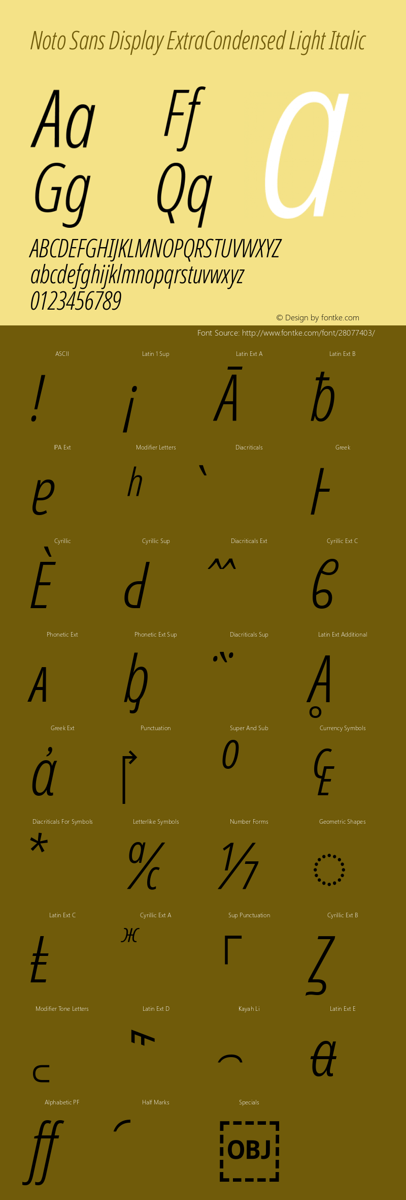 Noto Sans Display ExtraCondensed Light Italic Version 2.001 Font Sample