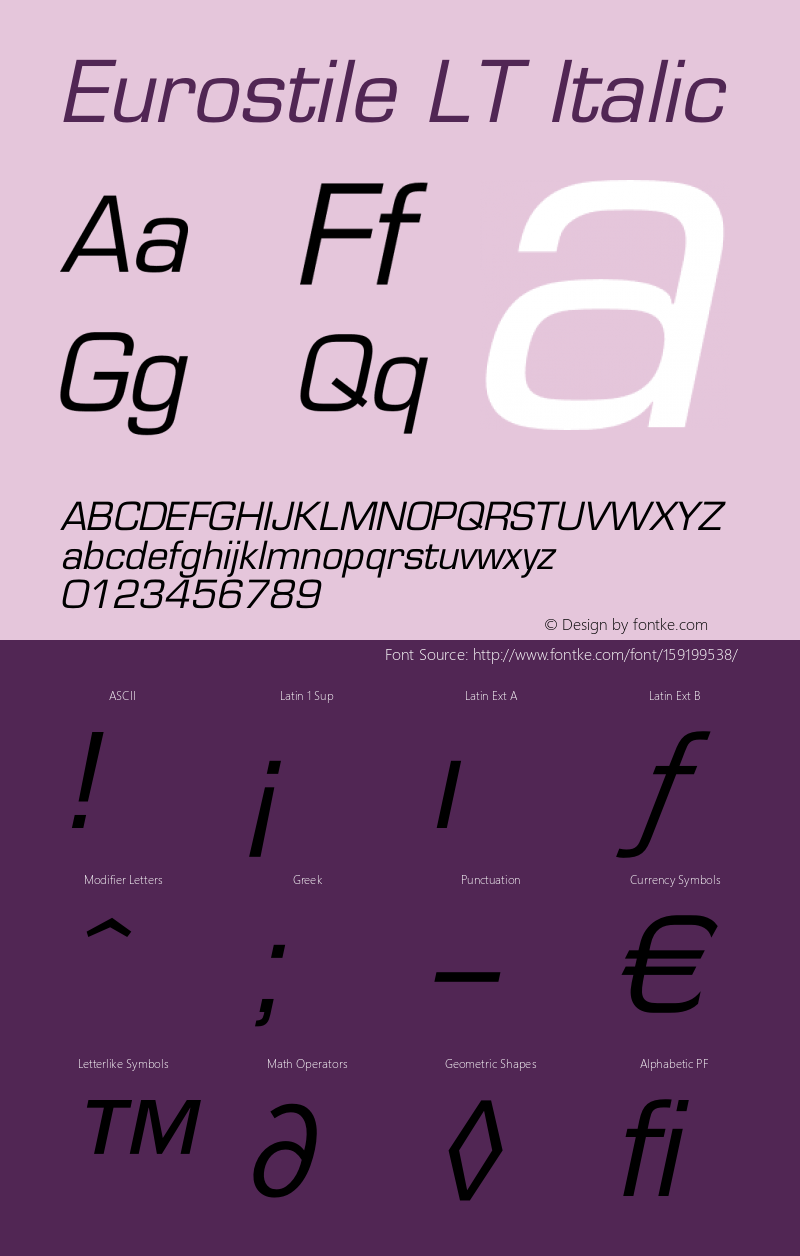 Eurostile LT Oblique Version 6.1; 2002 Font Sample