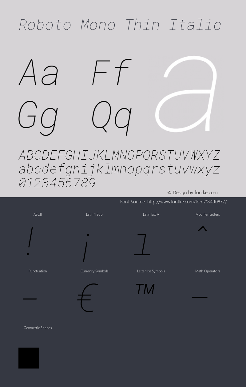 Roboto Mono Thin Italic Version 2.000985; 2015; ttfautohint (v1.3) Font Sample