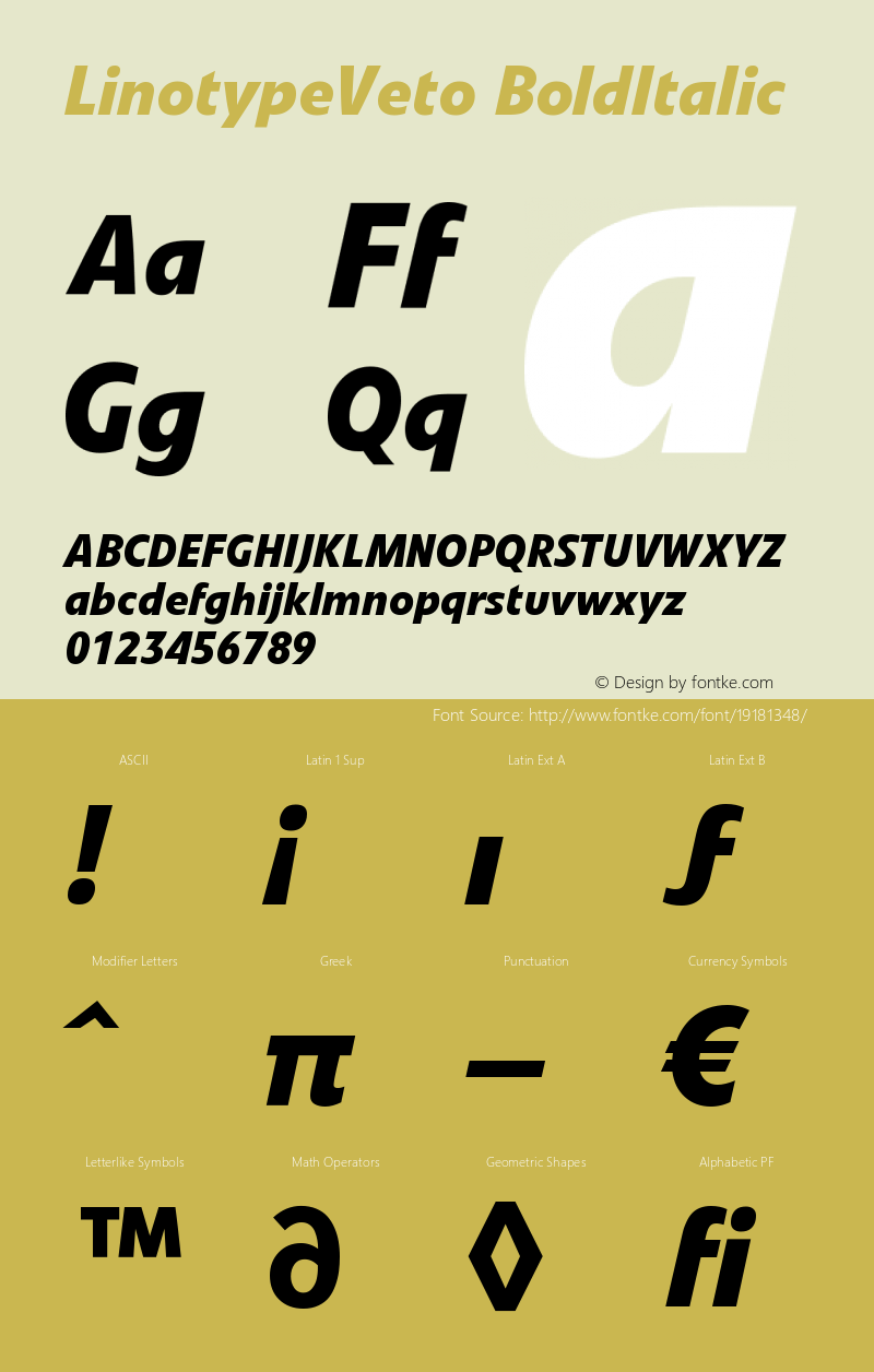 LinotypeVeto-BoldItalic Version 005.000 Font Sample