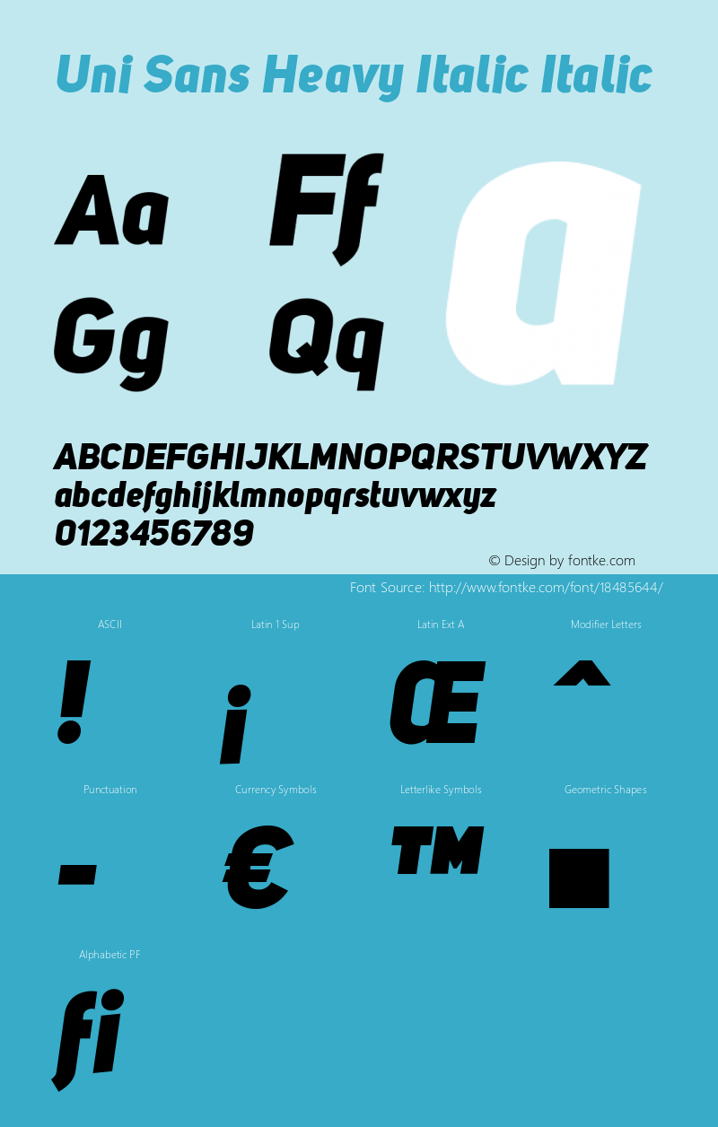 Uni Sans Heavy Italic Italic Version 001.001 Font Sample