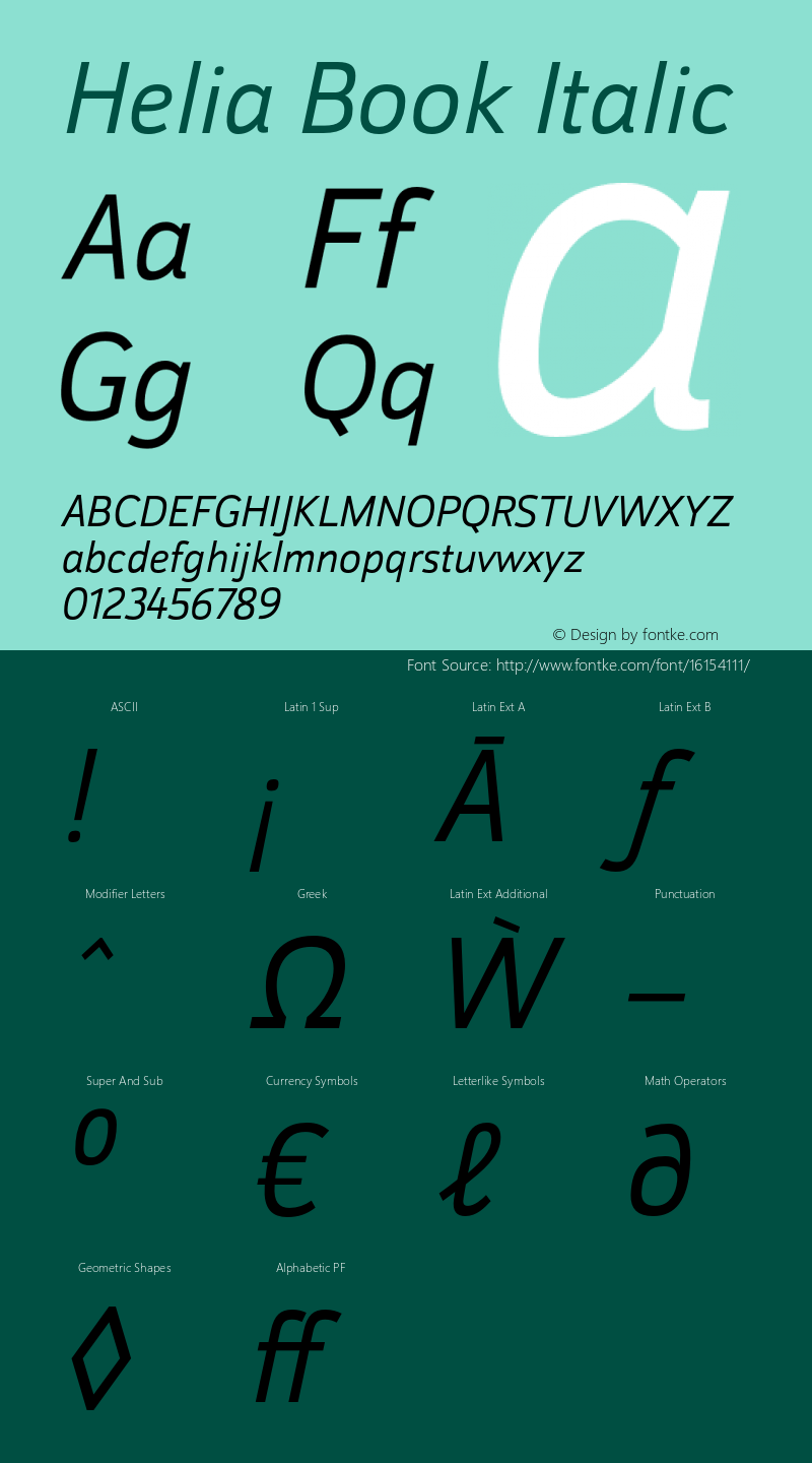 Helia Book Italic Version 1.000; initial release Font Sample