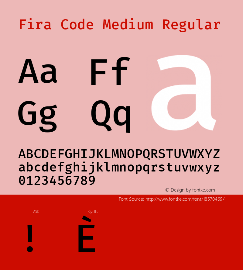 Fira Code Medium Regular Version 3.206;PS 003.206;hotconv 1.0.88;makeotf.lib2.5.64775; ttfautohint (v1.4.1) Font Sample