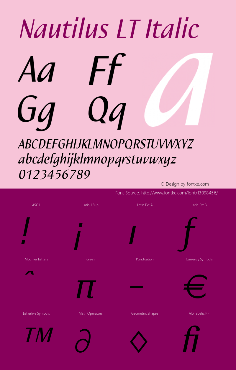 Nautilus LT Italic Version 001.001 Font Sample