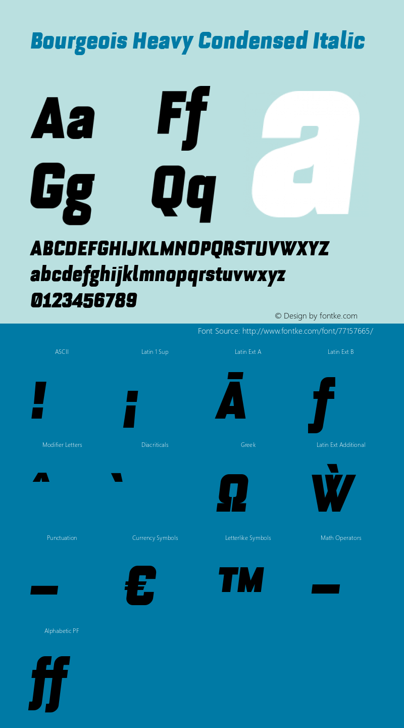 Bourgeois Heavy Condensed Italic Version 1.105;PS 001.105;hotconv 1.0.88;makeotf.lib2.5.64775 Font Sample