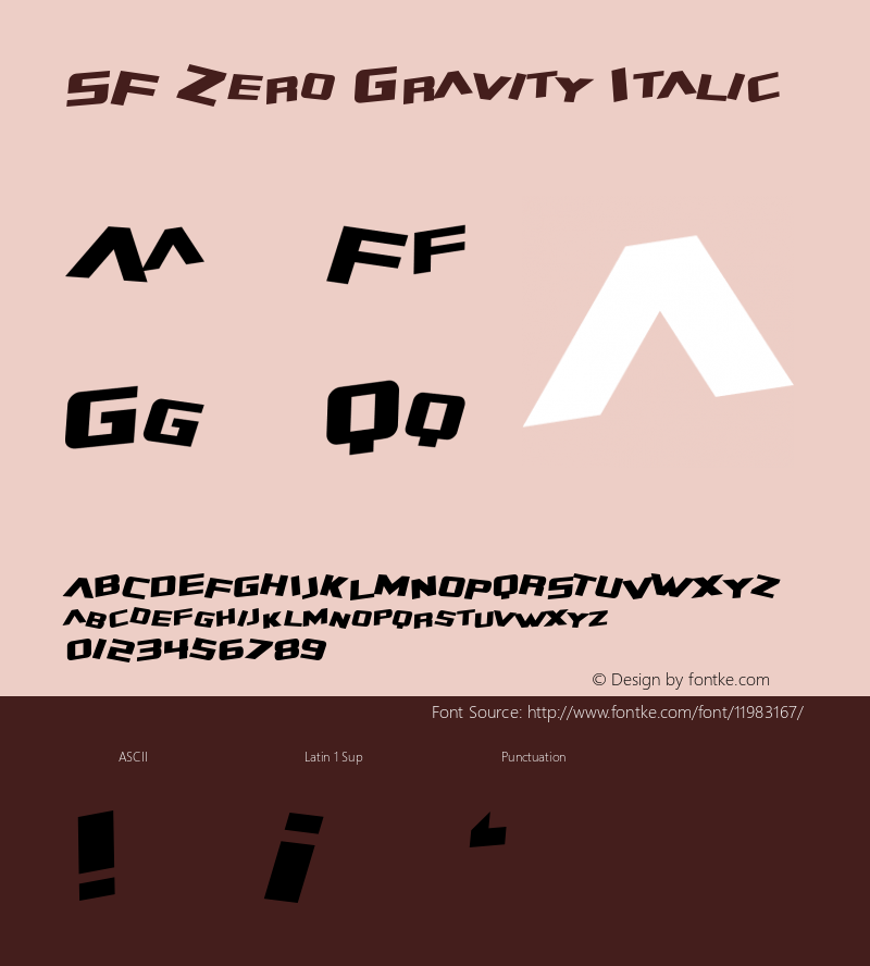 SF Zero Gravity Italic ver 1.1; 1999. Freeware for non-commercial use. Font Sample