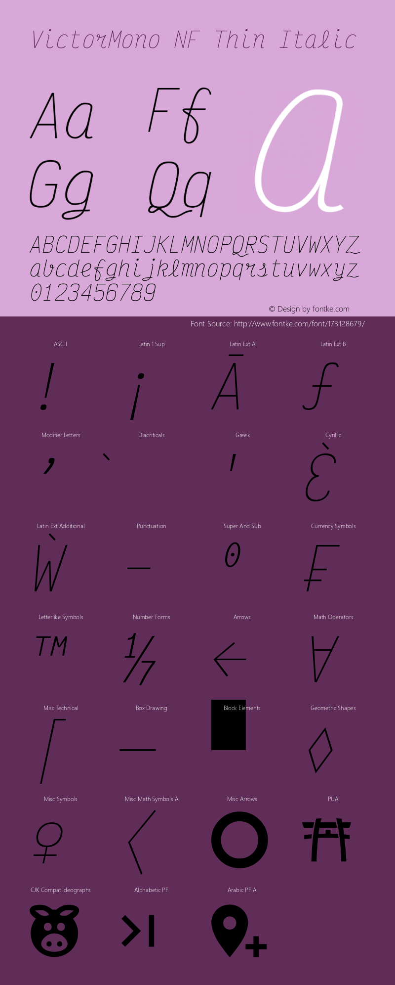 Victor Mono Thin Italic Nerd Font Complete Windows Compatible Version 1.410图片样张