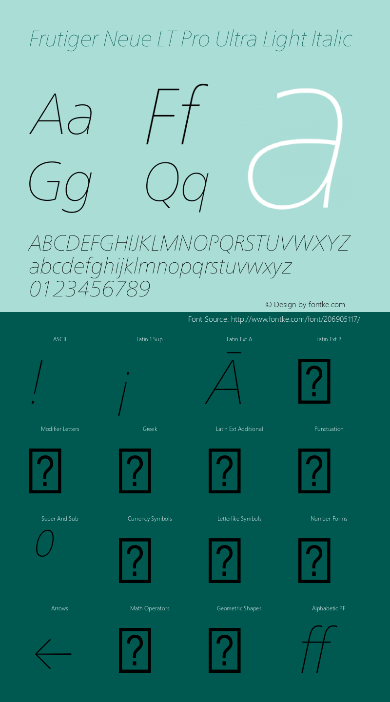 Frutiger Neue LT Pro UltLt Italic Version 1.00图片样张