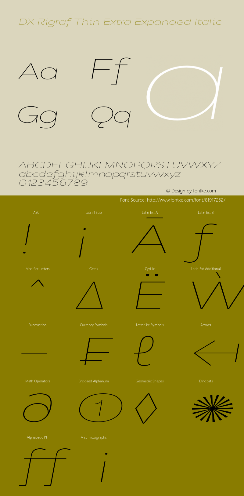 DXRigraf-ThinExtExpIta Version 1.000 Font Sample