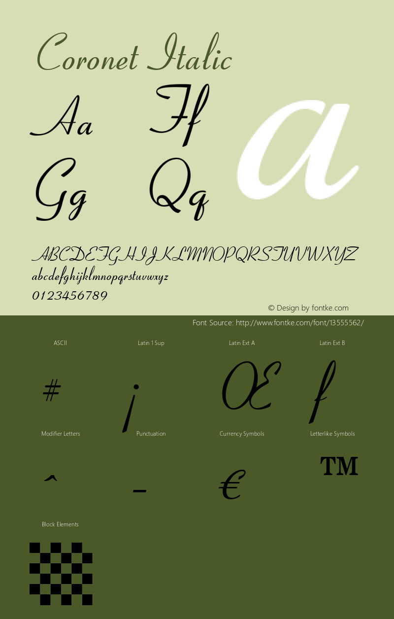 Coronet Italic 19: 90249: 1998 Font Sample