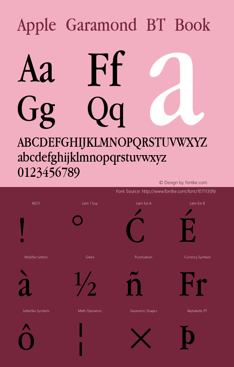 Apple Garamond BT Book 1 Mar 1991 Font Sample