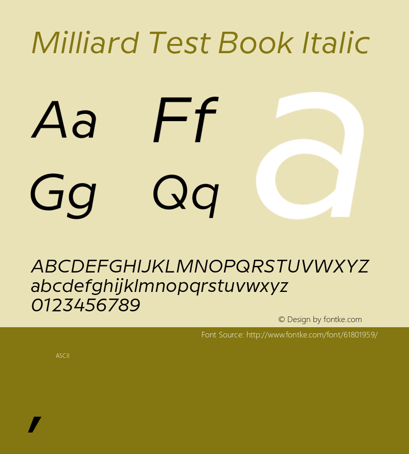 Milliard Test Book Italic Version 1.000;PS 001.000;hotconv 1.0.88;makeotf.lib2.5.64775 Font Sample