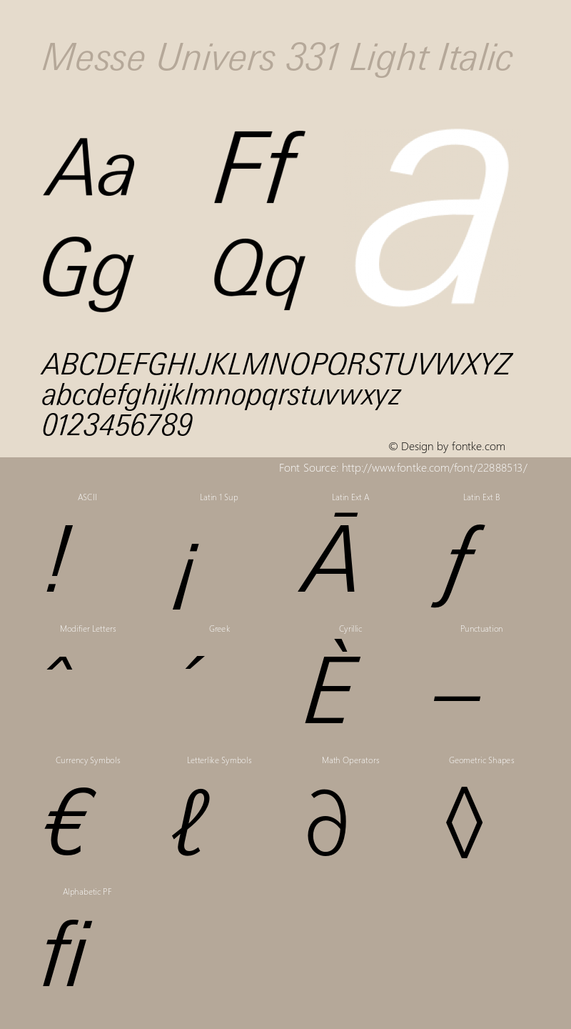 MesseUnivers-LightItalic Version 1.000;PS 001.000;hotconv 1.0.38 Font Sample