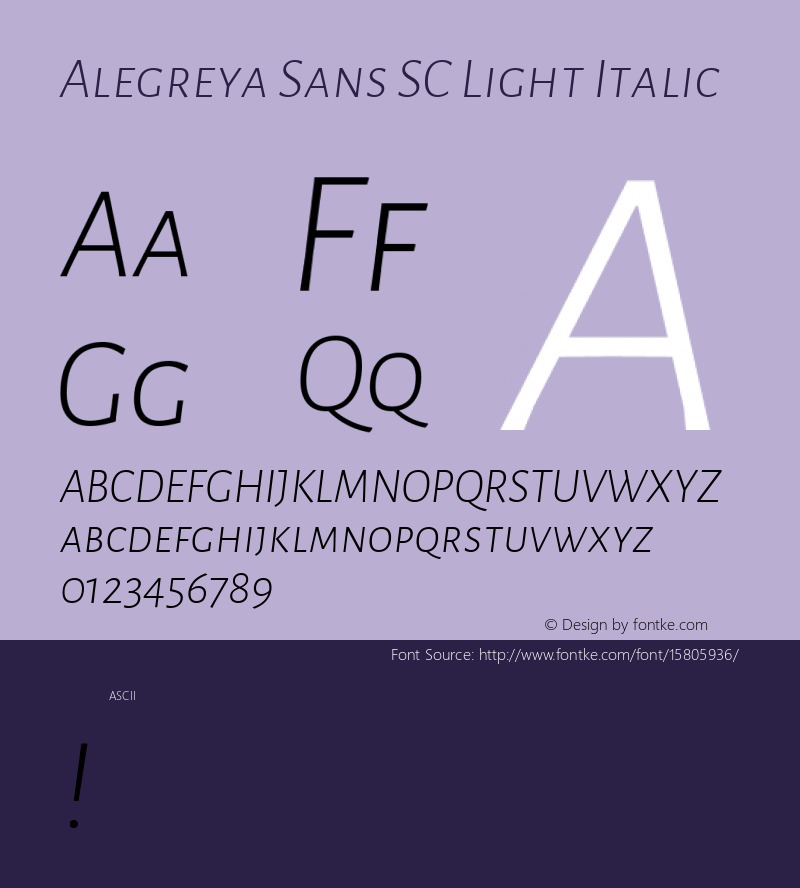 Alegreya Sans SC Light Italic Version 1.000;PS 001.000;hotconv 1.0.70;makeotf.lib2.5.58329 DEVELOPMENT; ttfautohint (v1.4.1) Font Sample